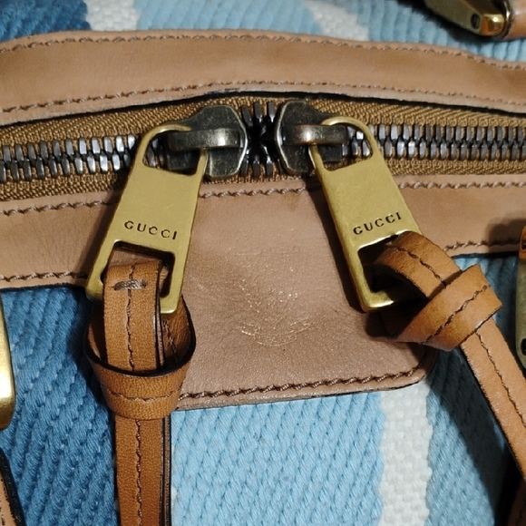 SALE! Auth Gucci Blue & White Striped Leather Trim Travel/Duffle Bag W Strap - Picture 9 of 16